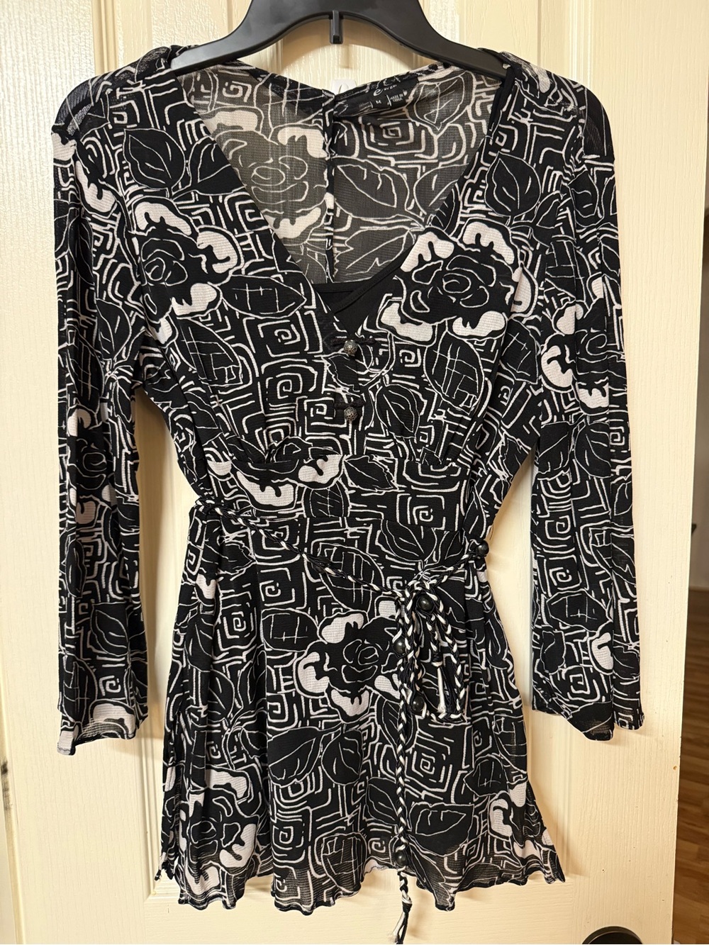 ECI Black and White Floral Wrap Tunic with Tie Waist